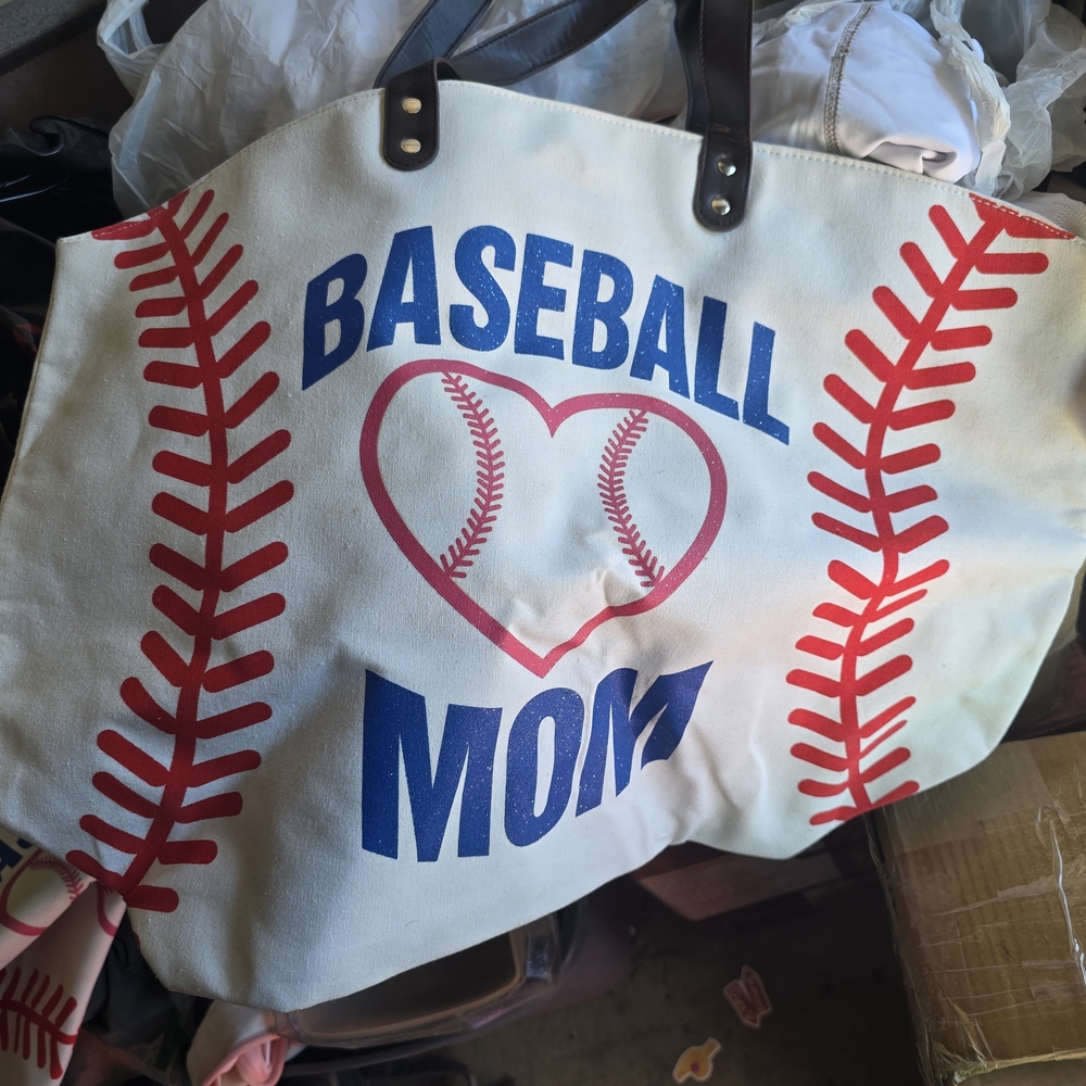 Baseball Mom Canvas Shoulder Bag in White with Red and Blue Accents